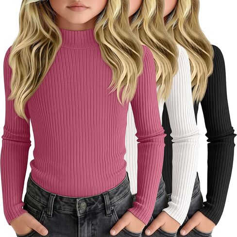 3 Pack Girls' Ribbed Long Sleeve Shirts Cotton Mock Turtleneck Tops Tag Free Knit Base Layer Tee Casual Undershirts in Saudi Arabia
