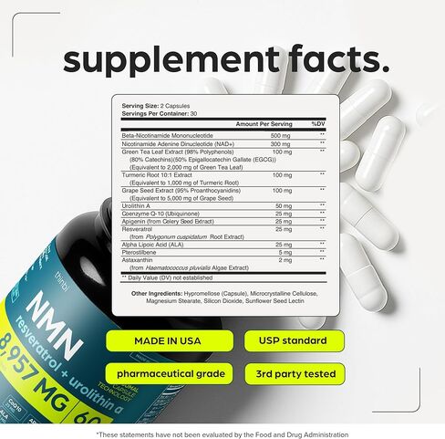 NMN Supplement 8957mg with Real NAD+ Not Just a Booster | Urolithin A, Resveratrol, CoQ10, Alpha Lipoic Acid, Green Tea Extract | Cellular Longevity & Energy Support for Men & Women in Saudi Arabia