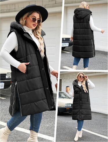 Plus Size Long Puffer Vest Women Winter Sleeveless Puffy Jacket with Hood Zip Up Quilted Vest 2025 in Saudi Arabia
