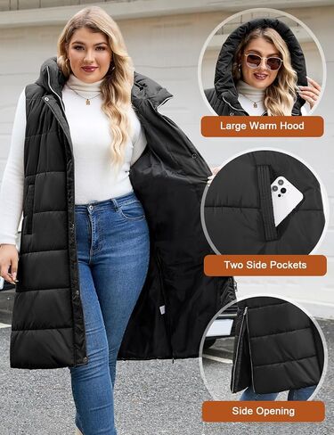 Plus Size Long Puffer Vest Women Winter Sleeveless Puffy Jacket with Hood Zip Up Quilted Vest 2025 in Saudi Arabia