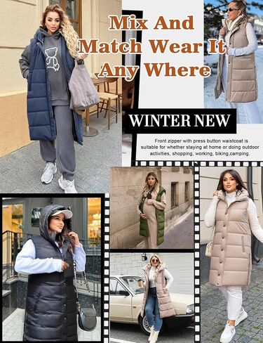 Plus Size Long Puffer Vest Women Winter Sleeveless Puffy Jacket with Hood Zip Up Quilted Vest 2025 in Saudi Arabia