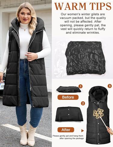 Plus Size Long Puffer Vest Women Winter Sleeveless Puffy Jacket with Hood Zip Up Quilted Vest 2025 in Saudi Arabia