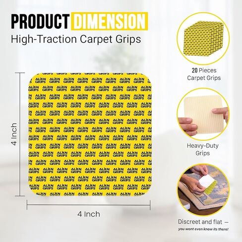 شريط سجاد Alien Grip Rug Gripper - 20 قطعة، 4x4 بوصة. خشب صلب مضاد للانزلاق، أرضية من البلاط، بدون ضرر - وسادات سجاد زاوية مزدوجة الجوانب قابلة لإعادة الاستخدام وغير قابلة للانزلاق - كما رأينا على شاشة التلفزيون in Saudi Arabia