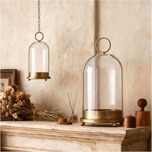 Large & Small Cloche Glass Dome Candle Holders - Glass Hurricane Candle Holder,Gold Candlestick & Lanterns Set of 2 Can Be Placed Desktop Hung,for Pillar Candles,Plants Decorative in Saudi Arabia