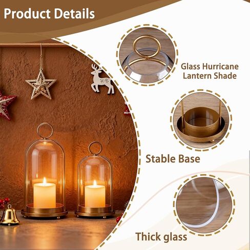 Large & Small Cloche Glass Dome Candle Holders - Glass Hurricane Candle Holder,Gold Candlestick & Lanterns Set of 2 Can Be Placed Desktop Hung,for Pillar Candles,Plants Decorative in Saudi Arabia