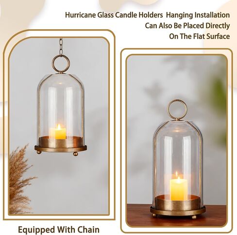 Large & Small Cloche Glass Dome Candle Holders - Glass Hurricane Candle Holder,Gold Candlestick & Lanterns Set of 2 Can Be Placed Desktop Hung,for Pillar Candles,Plants Decorative in Saudi Arabia