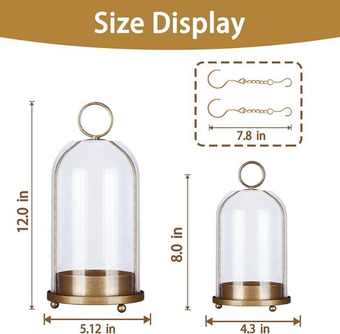 Large & Small Cloche Glass Dome Candle Holders - Glass Hurricane Candle Holder,Gold Candlestick & Lanterns Set of 2 Can Be Placed Desktop Hung,for Pillar Candles,Plants Decorative in Saudi Arabia