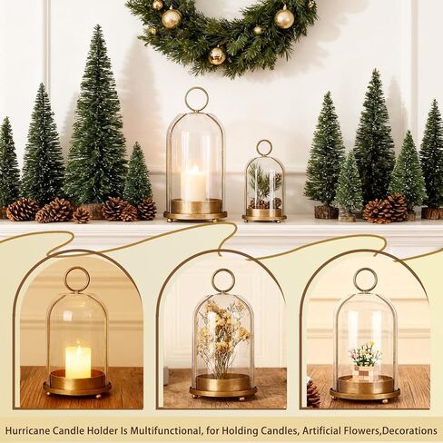 Large & Small Cloche Glass Dome Candle Holders - Glass Hurricane Candle Holder,Gold Candlestick & Lanterns Set of 2 Can Be Placed Desktop Hung,for Pillar Candles,Plants Decorative in Saudi Arabia