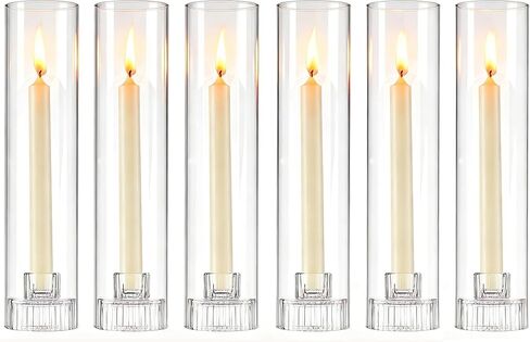 Hurricane Taper Candle Holders - Set of 6 Clear Glass Tapered Candlesticks with Covers, 11.8 inch Tall Fluted Candle Stick Holder Bulk, Ribbed Centerpieces for Wedding Christmas Table Decor in Saudi Arabia