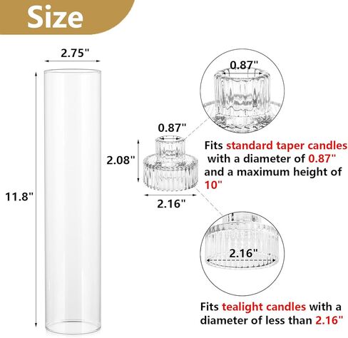 Hurricane Taper Candle Holders - Set of 6 Clear Glass Tapered Candlesticks with Covers, 11.8 inch Tall Fluted Candle Stick Holder Bulk, Ribbed Centerpieces for Wedding Christmas Table Decor in Saudi Arabia
