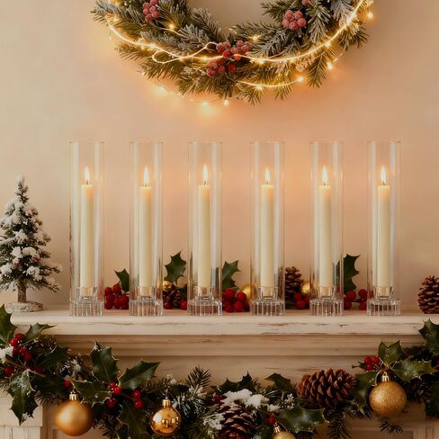 Hurricane Taper Candle Holders - Set of 6 Clear Glass Tapered Candlesticks with Covers, 11.8 inch Tall Fluted Candle Stick Holder Bulk, Ribbed Centerpieces for Wedding Christmas Table Decor in Saudi Arabia