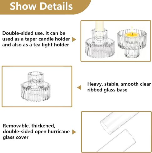 Hurricane Taper Candle Holders - Set of 6 Clear Glass Tapered Candlesticks with Covers, 11.8 inch Tall Fluted Candle Stick Holder Bulk, Ribbed Centerpieces for Wedding Christmas Table Decor in Saudi Arabia