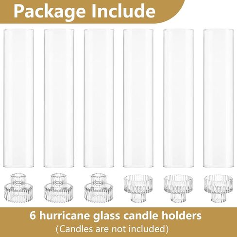 Hurricane Taper Candle Holders - Set of 6 Clear Glass Tapered Candlesticks with Covers, 11.8 inch Tall Fluted Candle Stick Holder Bulk, Ribbed Centerpieces for Wedding Christmas Table Decor in Saudi Arabia