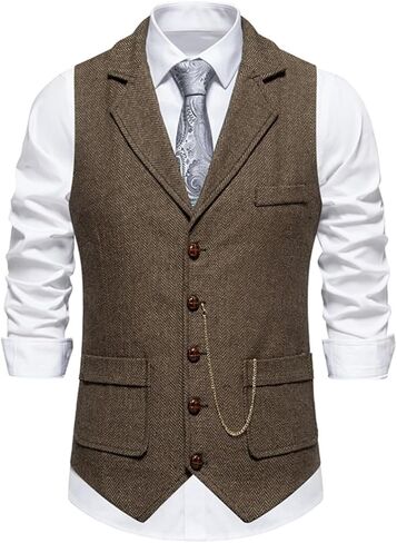 Men's Vintage Slim Fit Suit Vest Formal Prom Party Herringbone Pattern Waistcoat with Chain Detail in Saudi Arabia