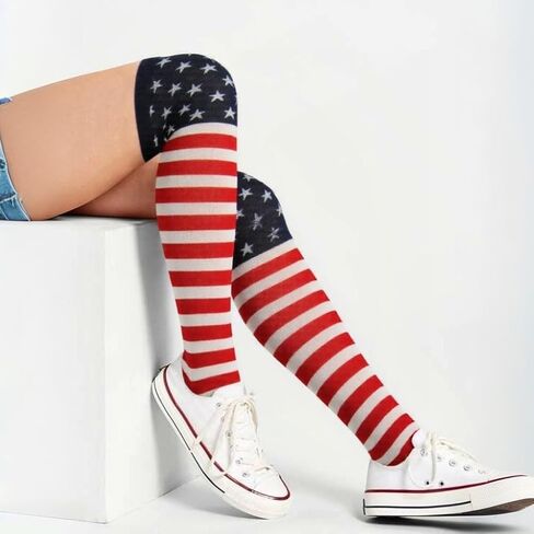 جوارب COUVER USA Flag فوق الركبة/أعلى الفخذ - تصميم نجوم وخطوط للنساء (مقاسات الحذاء 5-9) in Saudi Arabia