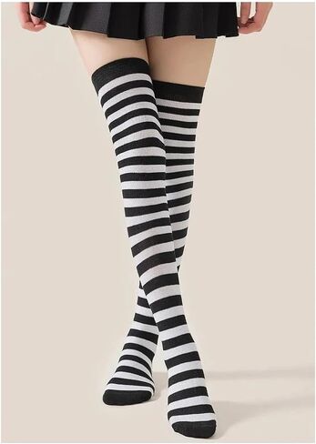 Thigh High Stockings Striped Socks for Women Over Knee Leg Warmers Knee-High Long Hosiery Crotchless Pantyhose Tights Black White Stripe Knit Thigh High Socks for Halloween Party Costume Accessories in Saudi Arabia