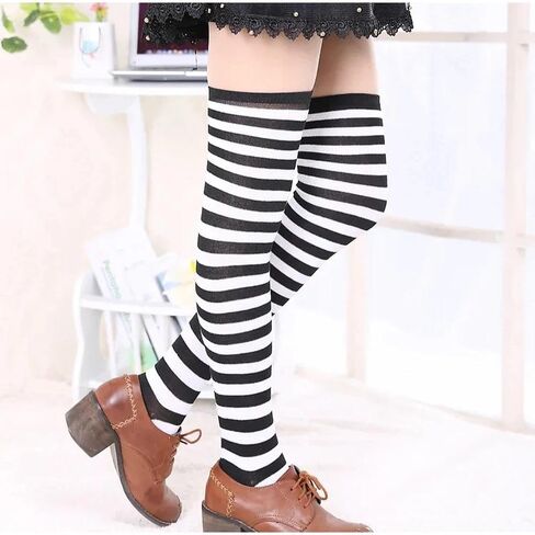 Thigh High Stockings Striped Socks for Women Over Knee Leg Warmers Knee-High Long Hosiery Crotchless Pantyhose Tights Black White Stripe Knit Thigh High Socks for Halloween Party Costume Accessories in Saudi Arabia