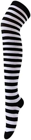 Thigh High Stockings Striped Socks for Women Over Knee Leg Warmers Knee-High Long Hosiery Crotchless Pantyhose Tights Black White Stripe Knit Thigh High Socks for Halloween Party Costume Accessories in Saudi Arabia