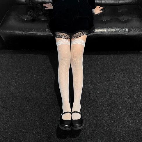 Thigh High Stockings for Women Sexy Lace Top Fishnets Socks Thigh High Fishnet Stockings Black White Over Knee Long Hosiery in Saudi Arabia