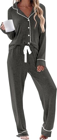 طقم بيجامات نسائي بأكمام طويلة وقميص نوم ناعم وسروال طويل، أطقم ملابس نوم بأزرار سفلية مع جيوب in Kuwait