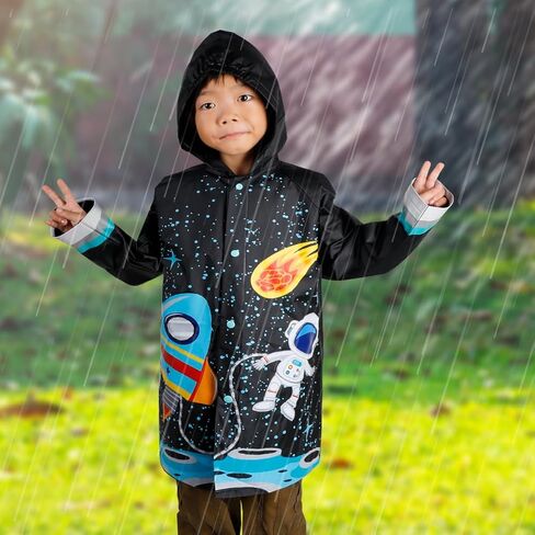 Puddle Play Kids Waterproof Rain Slicker – Unicorn, Rainbow & Space Hooded Raincoat with Snap Closure, Sizes 2-9 in Saudi Arabia