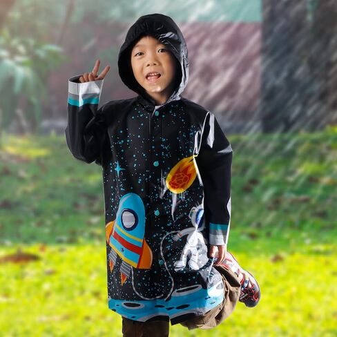 Puddle Play Kids Waterproof Rain Slicker – Unicorn, Rainbow & Space Hooded Raincoat with Snap Closure, Sizes 2-9 in Saudi Arabia