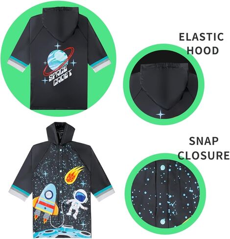 Puddle Play Kids Waterproof Rain Slicker – Unicorn, Rainbow & Space Hooded Raincoat with Snap Closure, Sizes 2-9 in Saudi Arabia