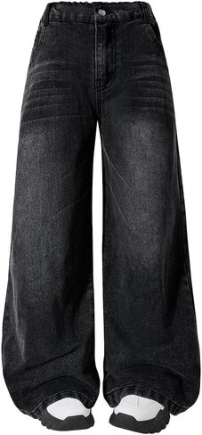 Nivne Tco Tween Boys Casual Jeans Water-Washed Black Effect Elastic Waist Wide Leg Denim Pants with Zipper Fly, Five Pockets in Saudi Arabia