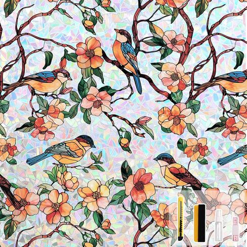 Kromapolis Window Privacy Film, Stained Glass Sticker Floral Window Clings, Decorative Static Clings UV Blocking Colorful Decals, Removable Vinyl Covering Rainbow Magnolia Flowers, 17.5'' x 78.7'' in Saudi Arabia