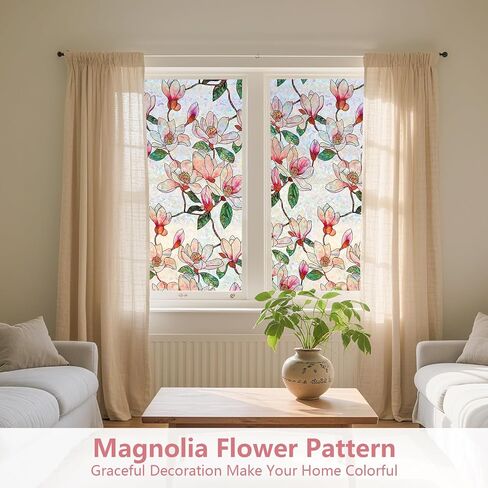 Kromapolis Window Privacy Film, Stained Glass Sticker Floral Window Clings, Decorative Static Clings UV Blocking Colorful Decals, Removable Vinyl Covering Rainbow Magnolia Flowers, 17.5'' x 78.7'' in Saudi Arabia