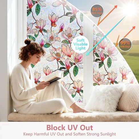 Kromapolis Window Privacy Film, Stained Glass Sticker Floral Window Clings, Decorative Static Clings UV Blocking Colorful Decals, Removable Vinyl Covering Rainbow Magnolia Flowers, 17.5'' x 78.7'' in Saudi Arabia