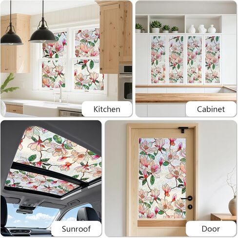 Kromapolis Window Privacy Film, Stained Glass Sticker Floral Window Clings, Decorative Static Clings UV Blocking Colorful Decals, Removable Vinyl Covering Rainbow Magnolia Flowers, 17.5'' x 78.7'' in Saudi Arabia