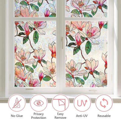 Kromapolis Window Privacy Film, Stained Glass Sticker Floral Window Clings, Decorative Static Clings UV Blocking Colorful Decals, Removable Vinyl Covering Rainbow Magnolia Flowers, 17.5'' x 78.7'' in Saudi Arabia