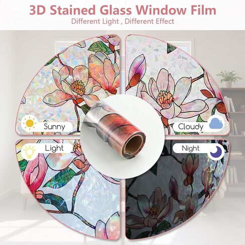 Kromapolis Window Privacy Film, Stained Glass Sticker Floral Window Clings, Decorative Static Clings UV Blocking Colorful Decals, Removable Vinyl Covering Rainbow Magnolia Flowers, 17.5'' x 78.7'' in Saudi Arabia