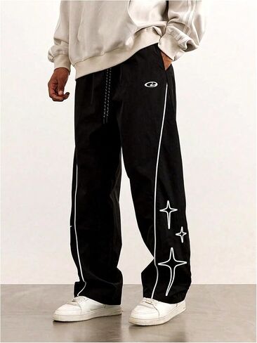 OYOANGLE Men's Star Graphic Track Pants Drawstring Waist Straight Leg Sweatpants Y2K Parachute Trousers in Saudi Arabia