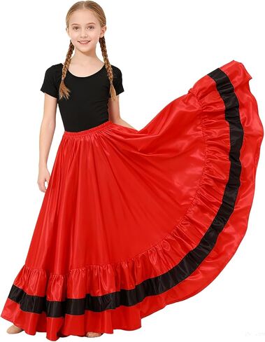 Girls Ruffles Layers Satin Long Skirt for Circle Ruffle Skirt Spanish Flamenco Belly Dance Gypsy for Girls 8-12 Years in Saudi Arabia