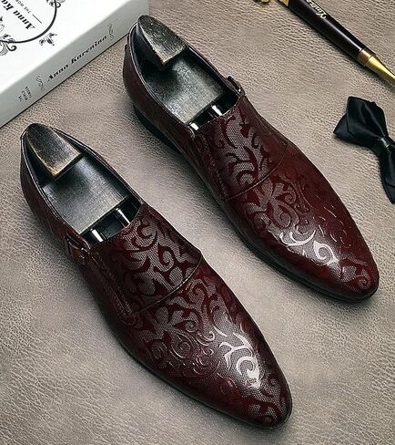 Santimon Men's Genuine Leather Monk Strap Formal Dress Shoes, Pointed Toe Penny Loafers with Buckle, Stylish Embossed Business Casual Shoes for Men in Saudi Arabia