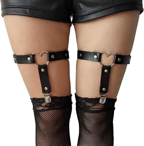 Adjustable Heart Thigh Garter with Anti-Slip Clips, Elegant Y2K Gothic Punk Style for Women, Black Elastic Leg Ring Garters in Saudi Arabia