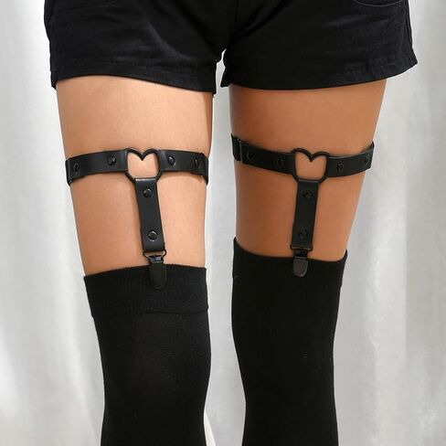 Adjustable Heart Thigh Garter with Anti-Slip Clips, Elegant Y2K Gothic Punk Style for Women, Black Elastic Leg Ring Garters in Saudi Arabia