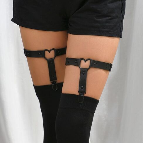 Adjustable Heart Thigh Garter with Anti-Slip Clips, Elegant Y2K Gothic Punk Style for Women, Black Elastic Leg Ring Garters in Saudi Arabia