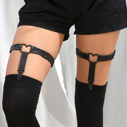 Adjustable Heart Thigh Garter with Anti-Slip Clips, Elegant Y2K Gothic Punk Style for Women, Black Elastic Leg Ring Garters in Saudi Arabia