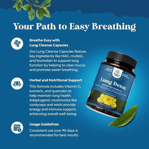 كبسولات أوراق نبات البولين للتخلص من سموم الرئة - مركب تنقية الرئة من مادة مولين مع مستخلصات NAC كيرسيتين وكورديسيبس - مكمل عشبي للجهاز التنفسي لمناعة الجيوب الأنفية ودعم التنفس in Kuwait