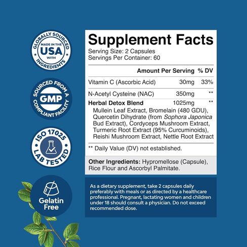 كبسولات أوراق نبات البولين للتخلص من سموم الرئة - مركب تنقية الرئة من مادة مولين مع مستخلصات NAC كيرسيتين وكورديسيبس - مكمل عشبي للجهاز التنفسي لمناعة الجيوب الأنفية ودعم التنفس in Kuwait