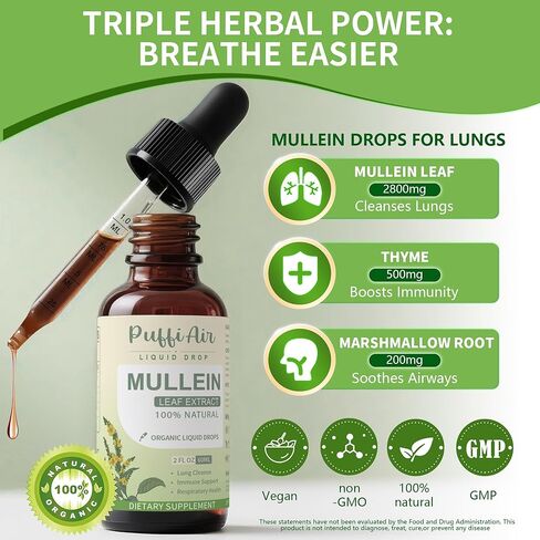 Mullein Drops for Lungs with Mullein Leaf, Thyme & Marshmallow Root – Lung Cleansing Formula for Smokers, Supporting Respiratory Health & Immunity | 60ml (2fl oz) Natural Vegan Non-GMO in Saudi Arabia