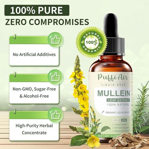 Mullein Drops for Lungs with Mullein Leaf, Thyme & Marshmallow Root – Lung Cleansing Formula for Smokers, Supporting Respiratory Health & Immunity | 60ml (2fl oz) Natural Vegan Non-GMO in Saudi Arabia