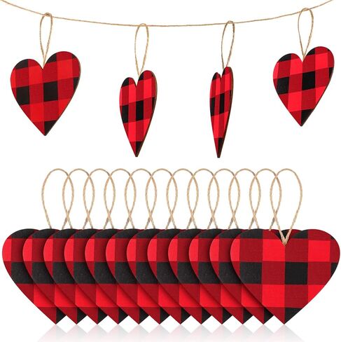 Valentine's Day Red Buffalo Plaid Ornament Red Plaid Hanging Ornament Wooden Heart Embellishment Heart Wooden Slice for Christmas Holiday Party Decor (12 Pieces) in Saudi Arabia