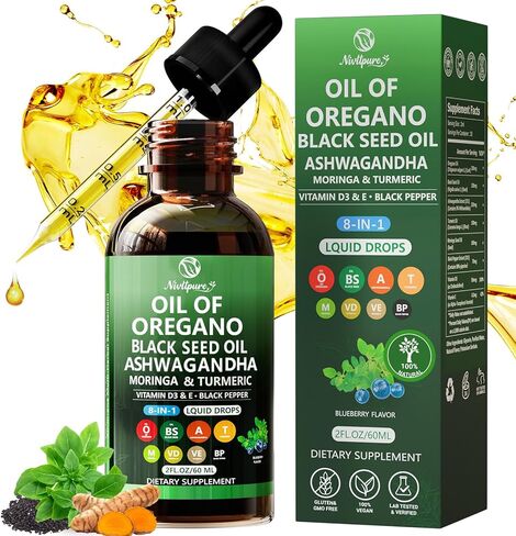 Oil of Oregano with Black Seed Oil | 8 in 1 Organic Oregano Oil Drops with Ashwagandha, Moringa & Turmeric | Natural Herbal Supplements for Immune Support & Stress Relief | Vegan Friendly, 2 Fl Oz in Saudi Arabia