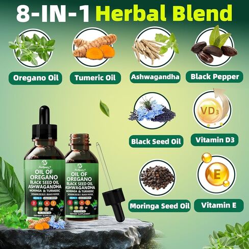 Oil of Oregano with Black Seed Oil | 8 in 1 Organic Oregano Oil Drops with Ashwagandha, Moringa & Turmeric | Natural Herbal Supplements for Immune Support & Stress Relief | Vegan Friendly, 2 Fl Oz in Saudi Arabia