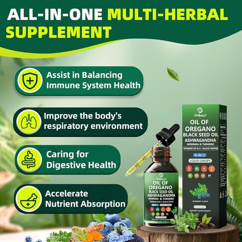 Oil of Oregano with Black Seed Oil | 8 in 1 Organic Oregano Oil Drops with Ashwagandha, Moringa & Turmeric | Natural Herbal Supplements for Immune Support & Stress Relief | Vegan Friendly, 2 Fl Oz in Saudi Arabia