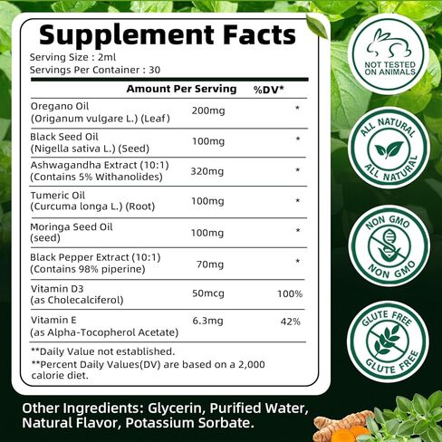 Oil of Oregano with Black Seed Oil | 8 in 1 Organic Oregano Oil Drops with Ashwagandha, Moringa & Turmeric | Natural Herbal Supplements for Immune Support & Stress Relief | Vegan Friendly, 2 Fl Oz in Saudi Arabia